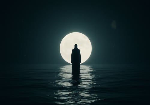 Silhouette on Ocean Moonlit Scene Person stands on water with moon behind for fantasy photo