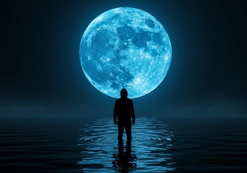 Silhouette stands in water, facing huge moon with stars in night sky. Use Dream photo