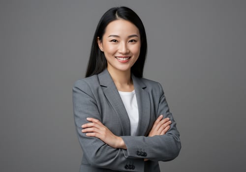 Smiling Asian professional woman portrait. Office use with plain background photo