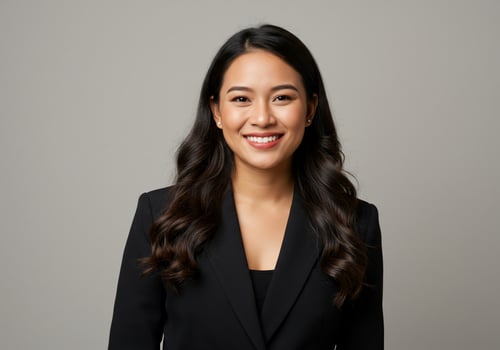 Smiling Asian professional woman in suit poses for corporate headshot, studio setting photo