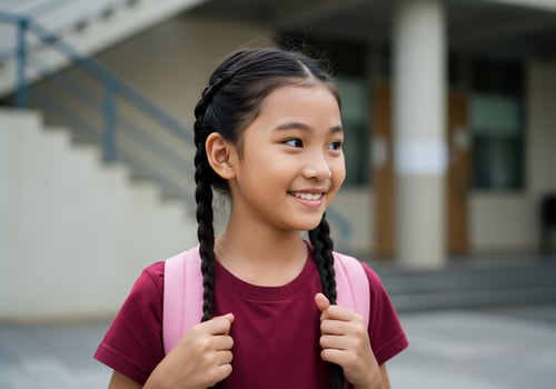 Smiling Asian schoolgirl with braided hair at school entrance carrying pink backpack photo