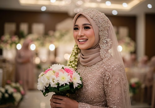 Smiling bride in hijab holds flowers at wedding event. Celebrating marriage photo