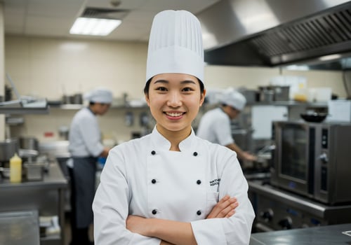 Smiling chef with crossed arms in a restaurant kitchen, ready for food prep photo