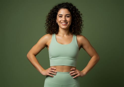 Smiling fit woman in active wear, posing with hands on hips for fitness blog photo