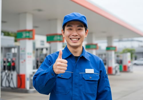 Smiling gas station employee giving thumbs up by fuel pumps for promotional use photo