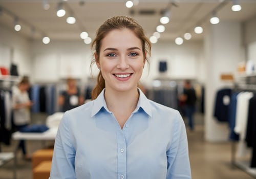 Smiling saleswoman in clothing store, offering service to customers photo