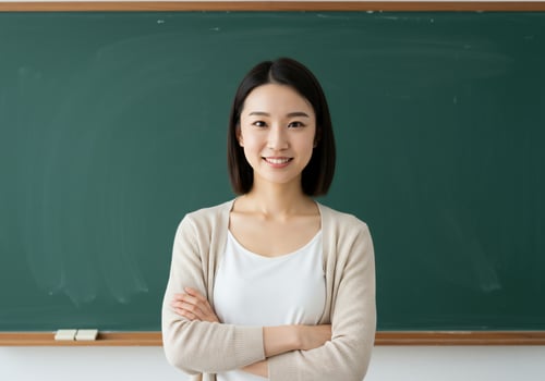 Smiling teacher stands with folded arms in classroom with green board background photo