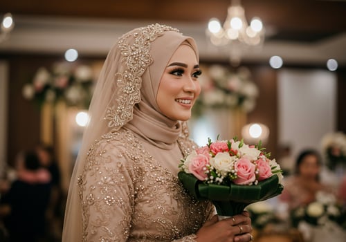 Smiling veiled woman with bouquet posing at wedding reception celebration photo