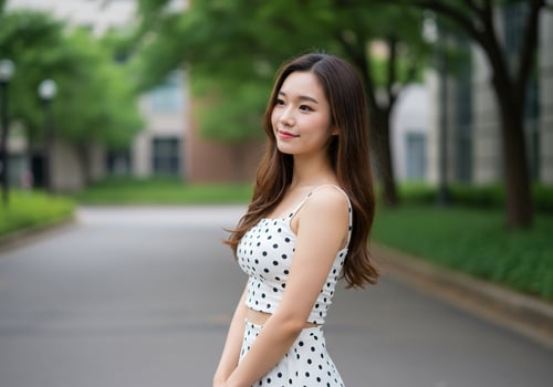 Smiling woman in polka dot top, outside on path lined with trees, daydreaming photo