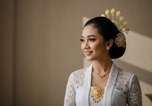 Smiling woman in traditional dress prepares for a cultural event indoors photo