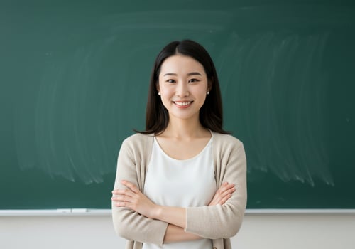 Smiling woman with crossed arms in front of a green chalkboard, possible ad photo