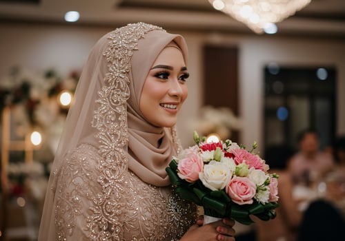 Smiling young woman in hijab holds a wedding bouquet during a celebration photo