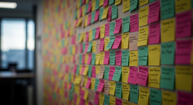 Sticky notes on wall in office during brainstorming session for project planning photo