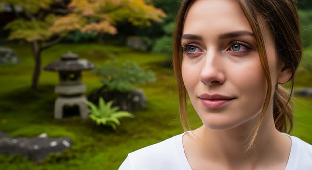A woman in a white shirt looking up at the camera photo
