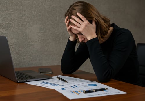 Stressed woman reviews charts at desk with computer in office environment photo