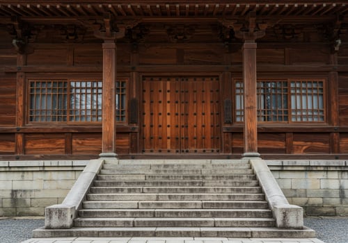 Temple entrance Wooden doors and steps lead to a tranquil Japanese building photo