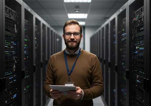 Tech worker using tablet in data center, servers on background. IT business use photo