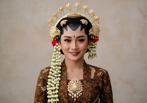 Traditional Indonesian Javanese bride portrait wearing golden crown for wedding usage photo