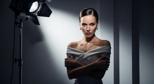 A woman in a white dress standing in front of a light photo