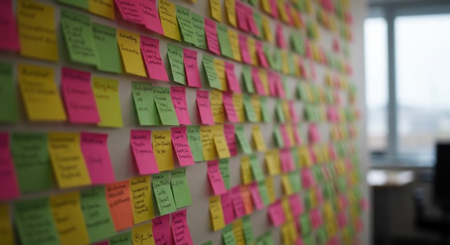 Wall covered with colorful sticky notes brainstorming for project management tasks photo