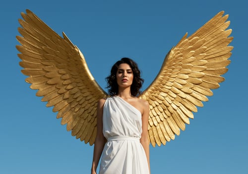 A woman in a white dress with large gold wings photo
