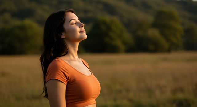 Woman breathes fresh air outdoors. Serene face, golden hour sunlight, field photo