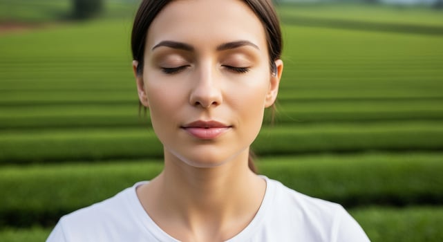 A woman is meditating in a field photo