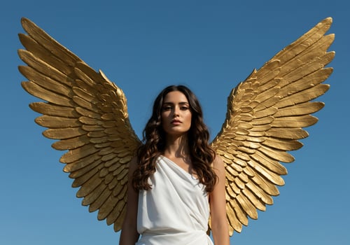 Woman dressed as golden angel with outstretched wings, sky in the background photo