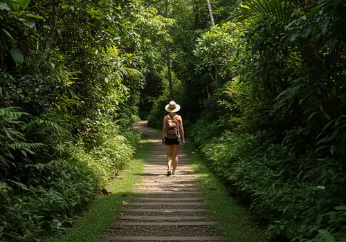 Woman hikes alone along green path through the jungle, promoting outdoor activities photo