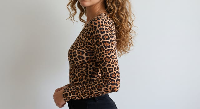 Woman in animal print stands near plain wall. Fashion concept photo