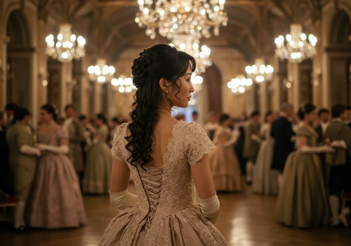 Woman in gown observes dancers in ballroom, during party. Historical drama photo