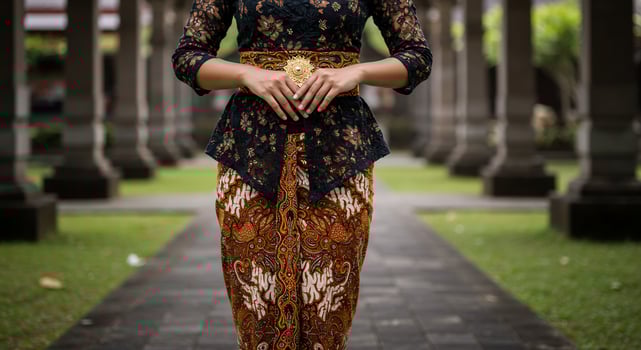 Woman in Kebaya, standing in Bali temple hallway. Cultural event background photo