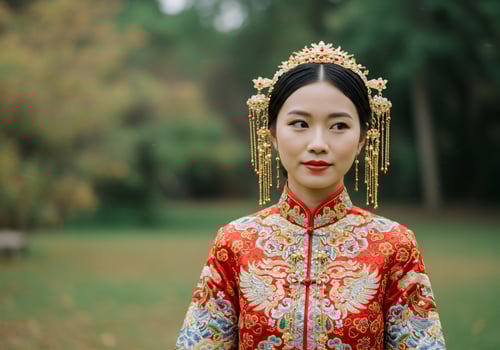 Woman in traditional dress poses outdoors in greenery for a wedding portrait photo