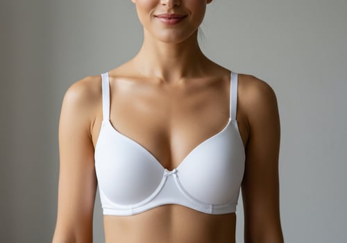 Woman in white bra against gray backdrop for undergarment ad or health article photo