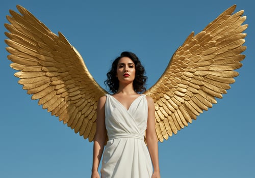 Woman in white dress poses with gold angel wings against a clear blue sky photo