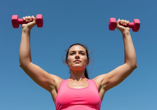 Woman lifting pink dumbbells in front of a clear blue sky for exercise and health photo