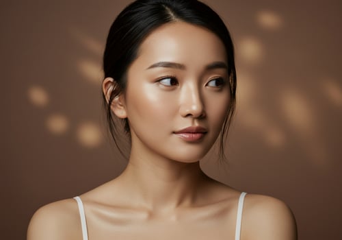 Woman looking right. Neutral background with light. Beauty shot for advertising photo