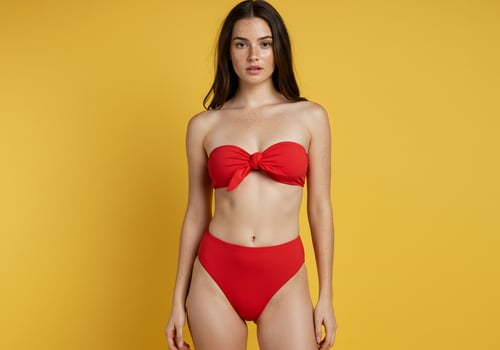 Woman poses in a red bikini, against a yellow background, for swimwear ad photo
