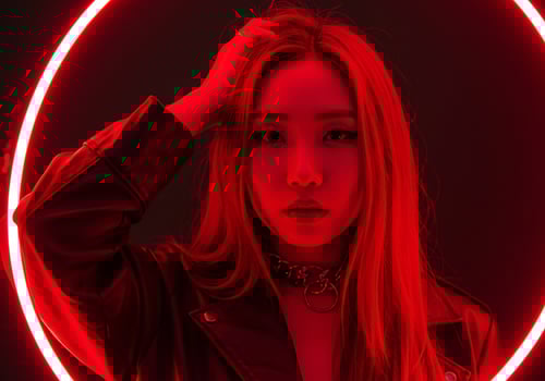 Woman posing in front of red neon ring for fashion, beauty editorial content photo