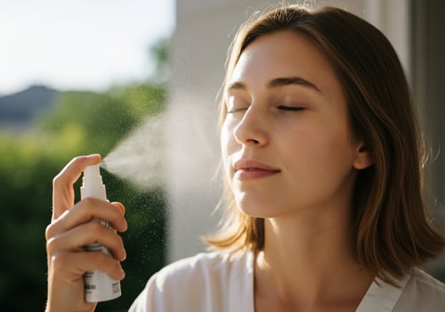 Woman sprays refreshing mist on face in front of greenery, for skincare or wellness photo