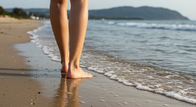 Woman walking barefoot on sandy beach with waves on coast for health wellness photo