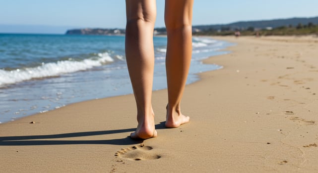 Woman walking barefoot on sand beach in summer, footprints on sand, blue sea behind photo