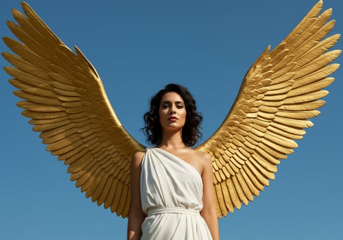 Woman with golden wings against blue sky, fantasy and freedom concept, outdoors photo