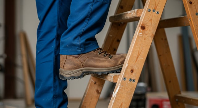 Worker ascends ladder at construction site, home renovation project, indoor photo