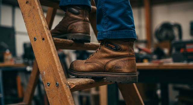 Worker climbs a ladder in an industrial workshop for construction or home improvement photo