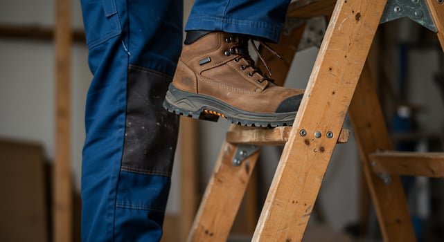 Workman climbs ladder in warehouse. Building construction, repairs, maintenance photo