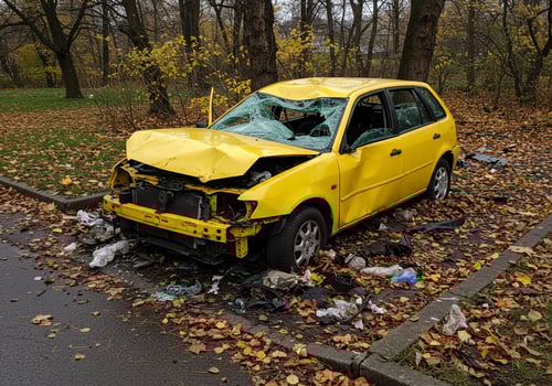 Yellow car crash aftermath in park, car damage insurance or vehicle repair use photo