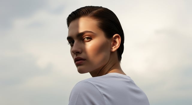 A woman in a white shirt is looking off to the side photo