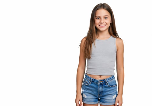 Young girl smiles, stands against a white background for portrait or advertising use photo