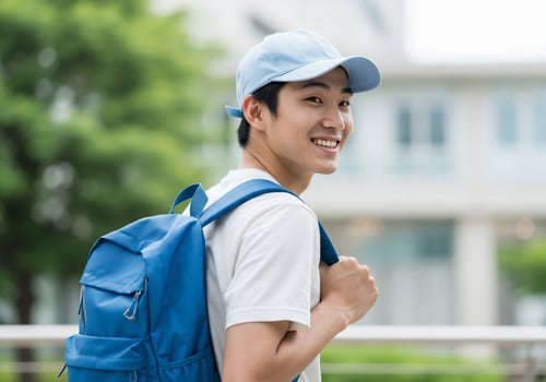 Young Asian student smiling, wearing backpack outside campus. Use for education photo